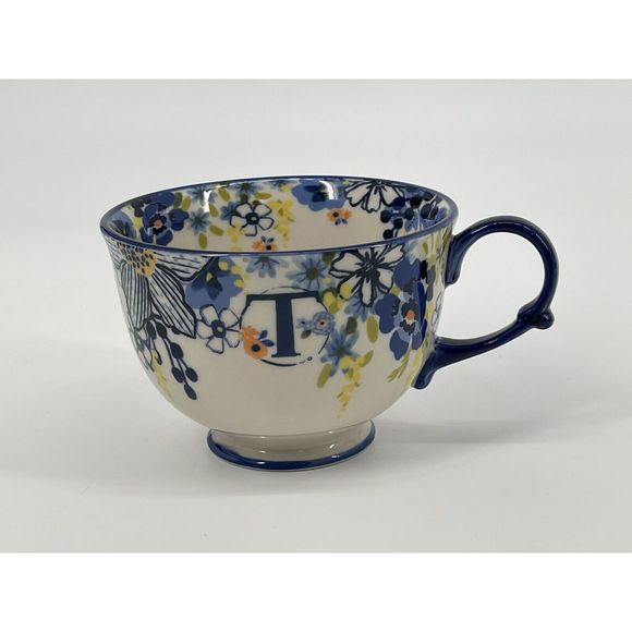 Anthropologie Other - Anthropologie Tea Time Monogram Initial Letter T Coffee Cup Mug Flowers Blue NEW